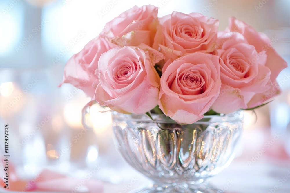 This image showcases a stunning arrangement of pink roses in a decorative glass vase, perfect for expressing love and admiration, enhancing any event with elegance. This image showcases a stunning arrangement of pink roses in a decorative glass vase, perfect for expressing love and admiration, enhancing any event with elegance.
