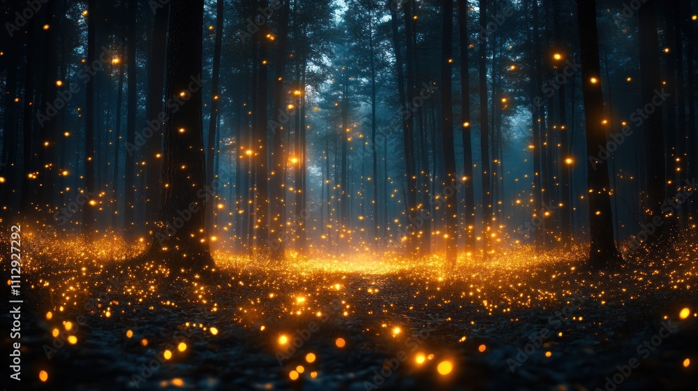 Naklejka premium Enchanting night forest scene with glowing fireflies and fog.