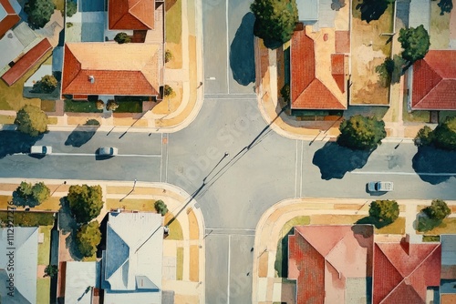 Aerial Perspective of Urban Intersection Featuring Houses and an Expansive Empty Lot in a NSW Townscape