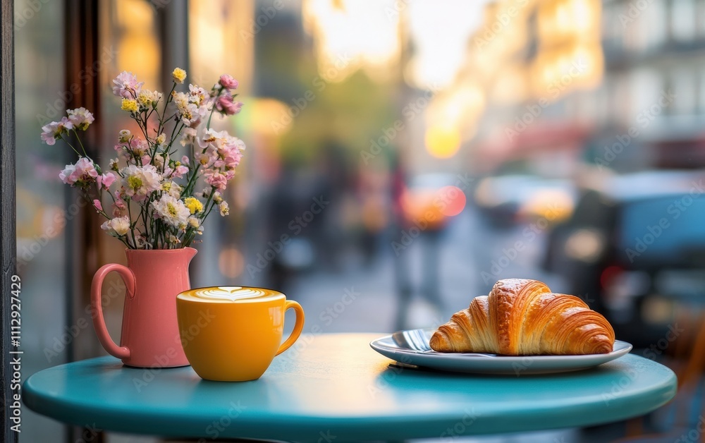 A vibrant cafÃ? table featuring a flat white, a croissant, and a small flower vase, with a blurred view of a bustling city street in the background A vibrant cafÃ? table featuring a flat white, a croissant, and a small flower vase, with a blurred view of a bustling city street in the background