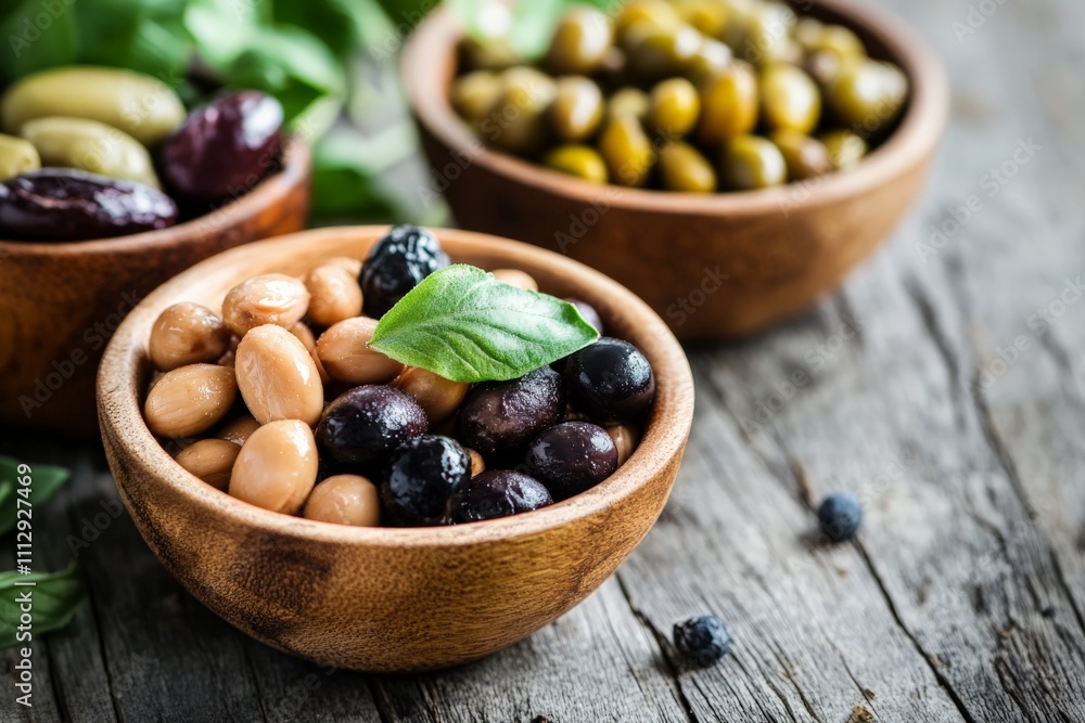 A beautiful arrangement of various olives in wooden bowls, showcasing their vibrant colors and textures, ideal for culinary presentations and Mediterranean cuisine themes. A beautiful arrangement of various olives in wooden bowls, showcasing their vibrant colors and textures, ideal for culinary presentations and Mediterranean cuisine themes.