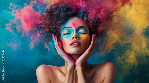 Portrait of a woman with colorful powder exploding around her face