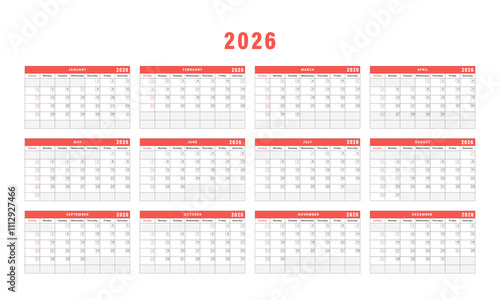 2026 calendar with 12-month sheet design. Week starts on Sunday. Desk calendar 2026 design. Vector illustration