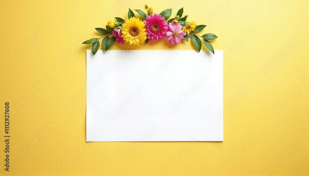 Naklejka premium Blank postcard with floral arrangement on top, bright yellow background for creative design