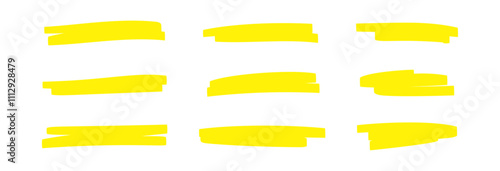 Yellow marker strokes set with brush texture for highlighting text. Doodle underline or box elements. Flat vector illustration isolated on white background.
