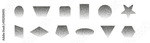 Abstract shapes with gradient and grainy noise texture. Grunge graphic forms, oval,triangle,square. Flat vector illustration isolated on white background.