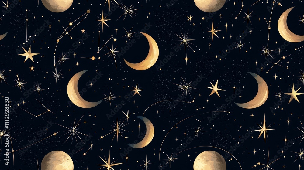 Fototapeta premium Celestial Night Sky Seamless Pattern with Moons and Stars