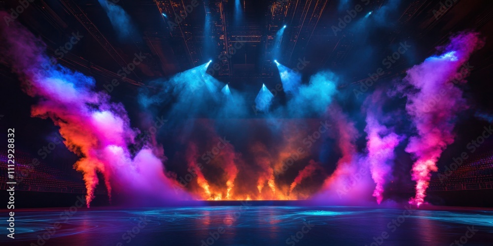 Fototapeta premium Immense arena stage draped in swirling plumes of colorful smoke, bathed in the glow of crisscrossing light beams, enveloped by a dramatic dark void backdrop