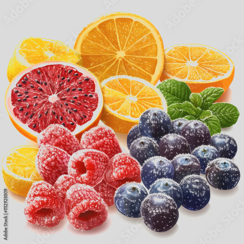 Vibrant Collection of Fresh Juicy Fruits with Citrus Oranges, Sweet Raspberries, Blueberries, and Refreshing Mint Leaves on a Gray Background