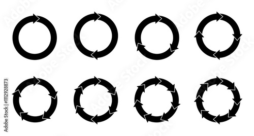 Set of pie chart in black color isolated on white background.  Circle cut with arrow separated by 1, 2, 3, 4, 5, 6, 7, and 8 part. Circle arrows for infographic. 