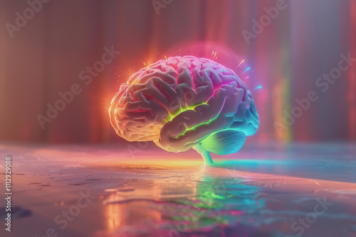 A 3D human brain model glowing with colorful lights is a creative idea. photo