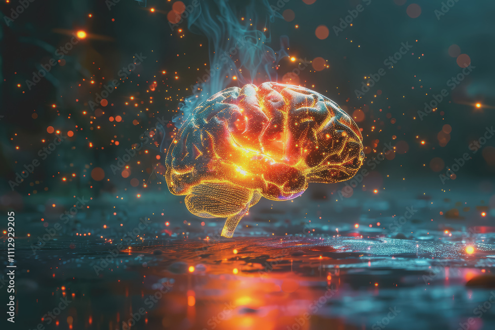 A 3D human brain model glowing with colorful lights is a creative idea. A 3D human brain model glowing with colorful lights is a creative idea.