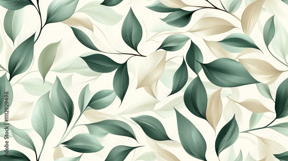 Elegant Botanical Watercolor Pattern with Teal and Beige Leaves on Cream Background Elegant Botanical Watercolor Pattern with Teal and Beige Leaves on Cream Background