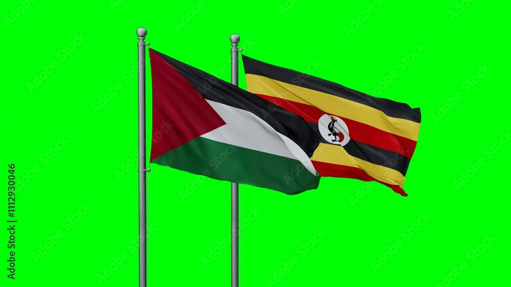 Republic of Uganda and Palestine and Gaza Strip flags flying together, video concept of the relationship with colored chroma key for easy background remove, two country cooperation concept Republic of Uganda and Palestine and Gaza Strip flags flying together, video concept of the relationship with colored chroma key for easy background remove, two country cooperation concept