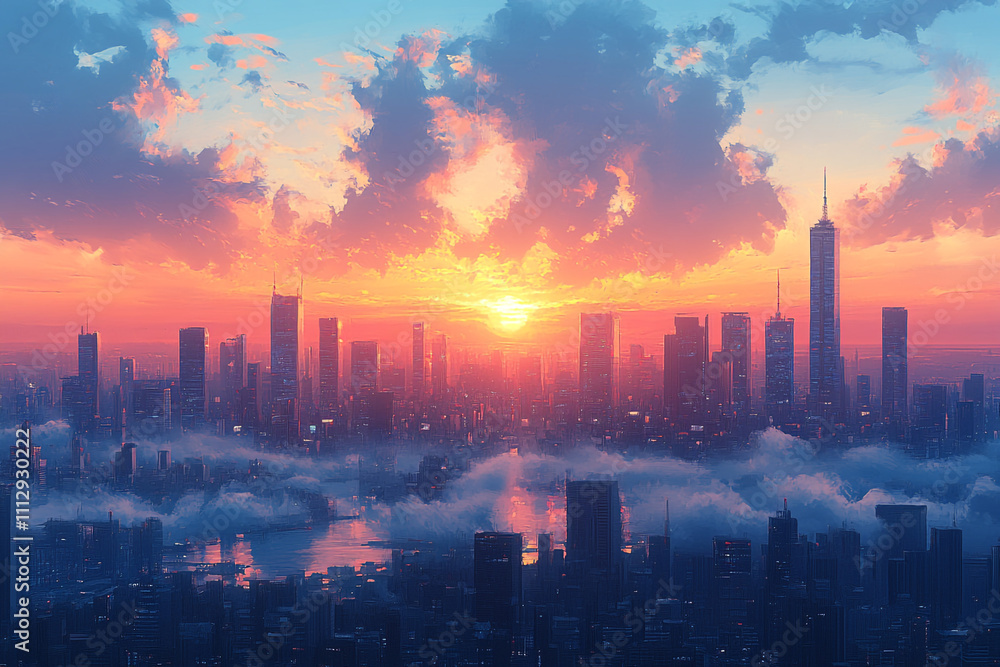 Fototapeta premium Cityscape Sunset Over Skyscrapers In A Misty City