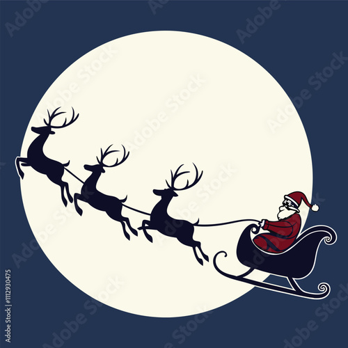 A silhouette of Santa Claus in his sleigh against a bright, full moon