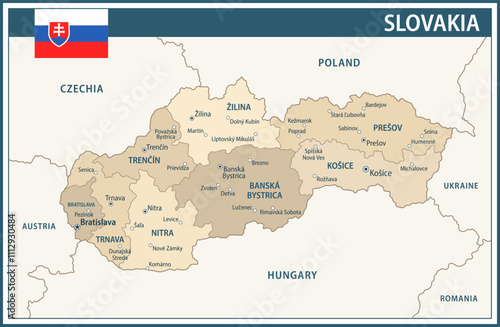 Slovakia Map Vector Vintage Dark Blue Beige - Customizable layered political map of Slovakia with administrative divisions for website, education, reports, news, politics, print, poster and wallpaper