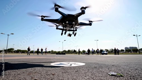 Slow-motion of a delivery drone landing on a designated drop zone marked on the ground.�