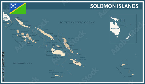 Solomon Islands Map Vector Vintage Dark Blue Beige - Customizable layered political map of Solomon Islands with administrative divisions for website, education, reports, news, politics, print, poster