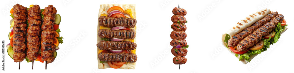 Grilled Adana kebab isolated on transparent background, Set of Grilled Adana kebab isolated on transparent background, Set of