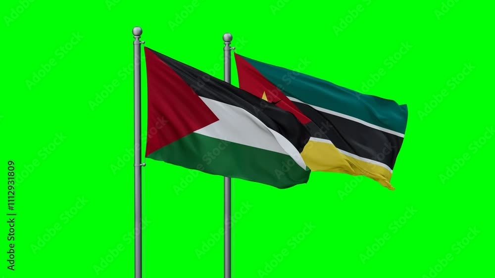 Mozambique and Palestine and Gaza Strip flags flying together, video concept of the relationship with colored chroma key for easy background remove, two country cooperation concept Mozambique and Palestine and Gaza Strip flags flying together, video concept of the relationship with colored chroma key for easy background remove, two country cooperation concept