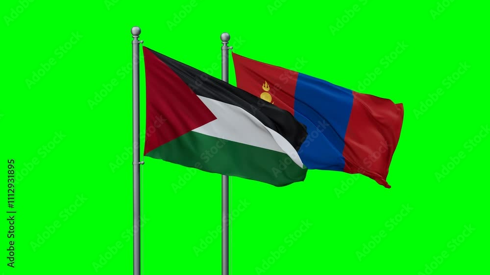Mongolia and Palestine and Gaza Strip flags flying together, video concept of the relationship with colored chroma key for easy background remove, two country cooperation concept Mongolia and Palestine and Gaza Strip flags flying together, video concept of the relationship with colored chroma key for easy background remove, two country cooperation concept