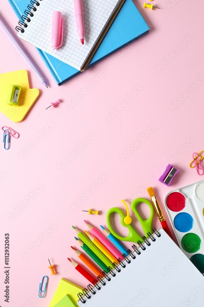 Flat lay with school stationery on color background, top view Flat lay with school stationery on color background, top view
