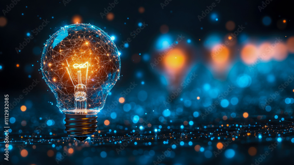 A light bulb emits a warm glow, surrounded by bright, sparkling particles creating a sense of innovation and inspiration in a dimly lit space A light bulb emits a warm glow, surrounded by bright, sparkling particles creating a sense of innovation and inspiration in a dimly lit space