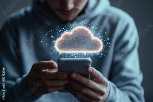 Young man using smartphone, blue hologram of cloud drive symbol photo