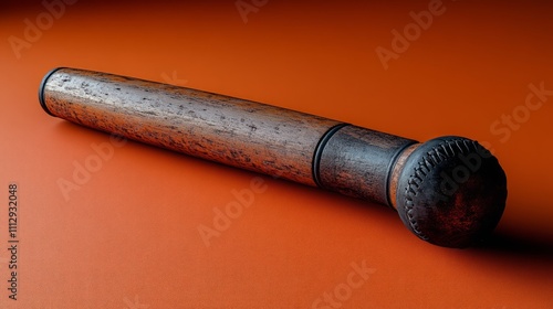 Close-up of an antique wooden baseball bat with a worn, textured surface, resting on a burnt orange background. photo