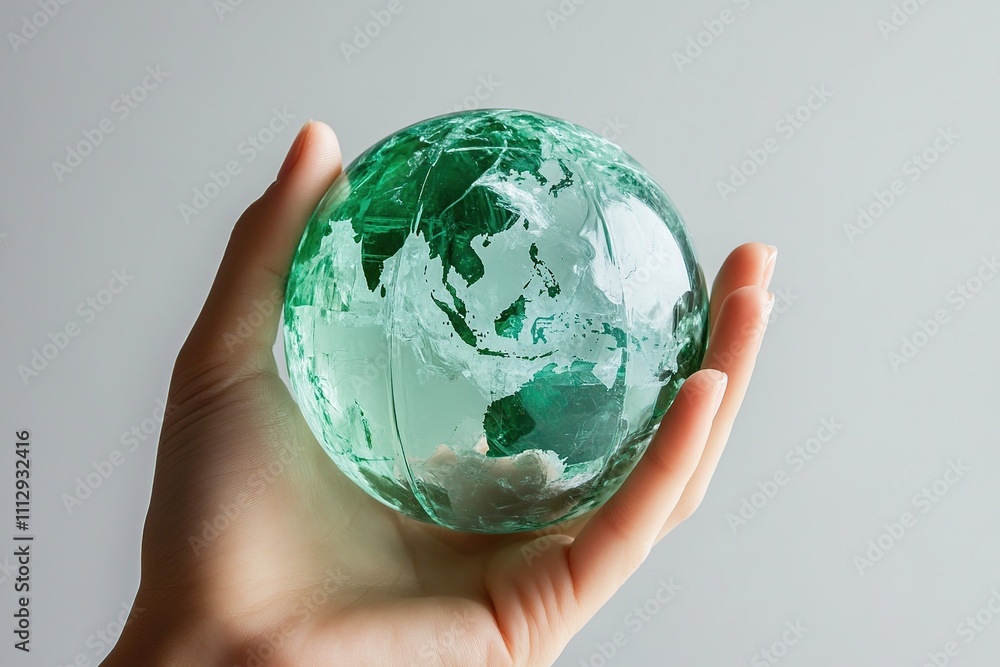 Glass globe ball with recycle concept in female hand Glass globe ball with recycle concept in female hand