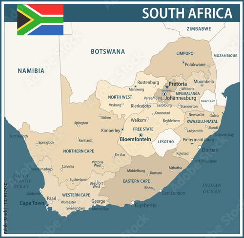 South Africa Map Vector Vintage Dark Blue Beige - Customizable layered political map of South Africa with administrative divisions for website, education, reports, news, politics, print, poster