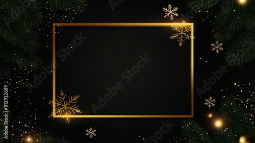 Stylish festive artwork featuring a golden rectangular frame adorned with pine branches, glittering snowflakes, and glowing holiday accents, set against a sleek black backdrop for a magical winter atm