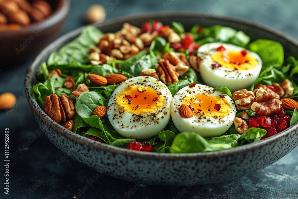 A delicious breakfast consists of a boiled egg, fresh herbs and beans. The egg is cut into slices, with a delicate yolk. Fresh lettuce leaves or other herbs are added to it, which gives color and ligh A delicious breakfast consists of a boiled egg, fresh herbs and beans. The egg is cut into slices, with a delicate yolk. Fresh lettuce leaves or other herbs are added to it, which gives color and ligh