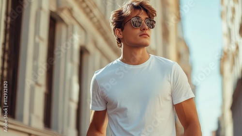 Young Man Wearing White T Shirt And Sunglasses Outdoors photo