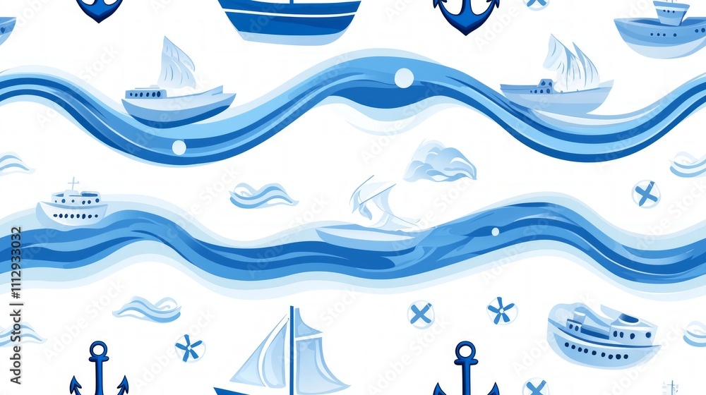 Nautical Summer Seascape with Boats and Anchors Seamless Pattern Design Nautical Summer Seascape with Boats and Anchors Seamless Pattern Design