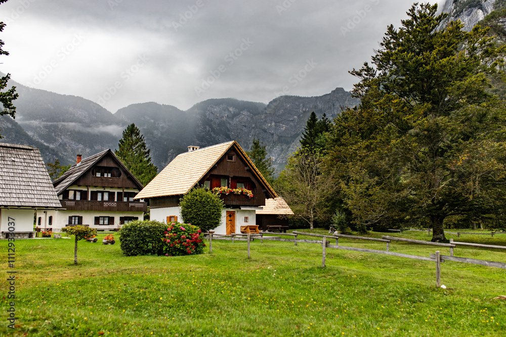 Fototapeta premium Idyllic Cottage Surrounded by Nature Near Lake Bohinj in Slovenia
