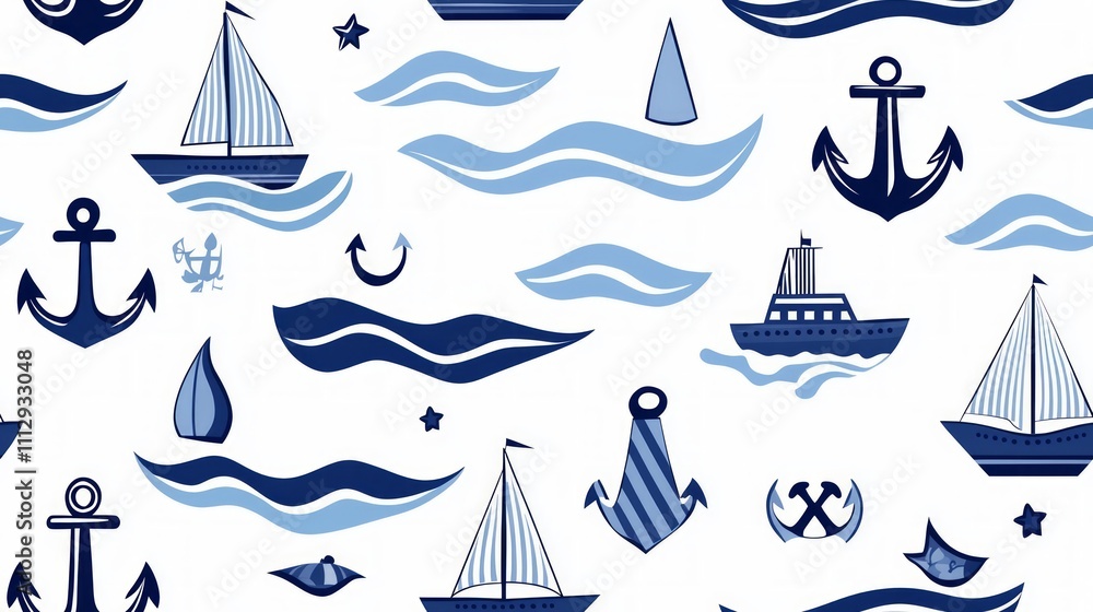 Nautical Summer Seamless Pattern with Boats and Anchors Nautical Summer Seamless Pattern with Boats and Anchors