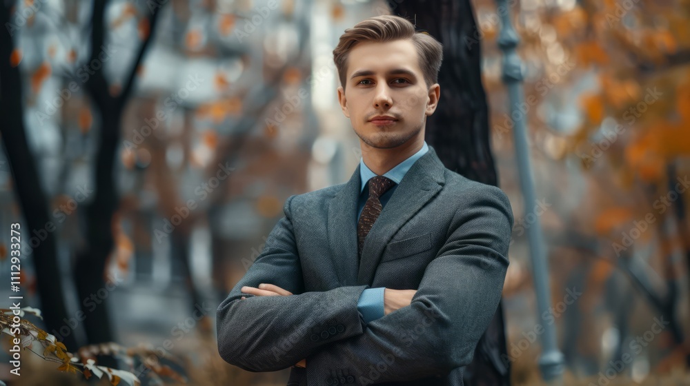 Confident Young Man in Suit, Autumn Park, Business Portrait Confident Young Man in Suit, Autumn Park, Business Portrait