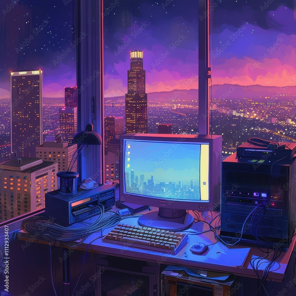 Night cityscape view, retro computer setup. Night cityscape view, retro computer setup.