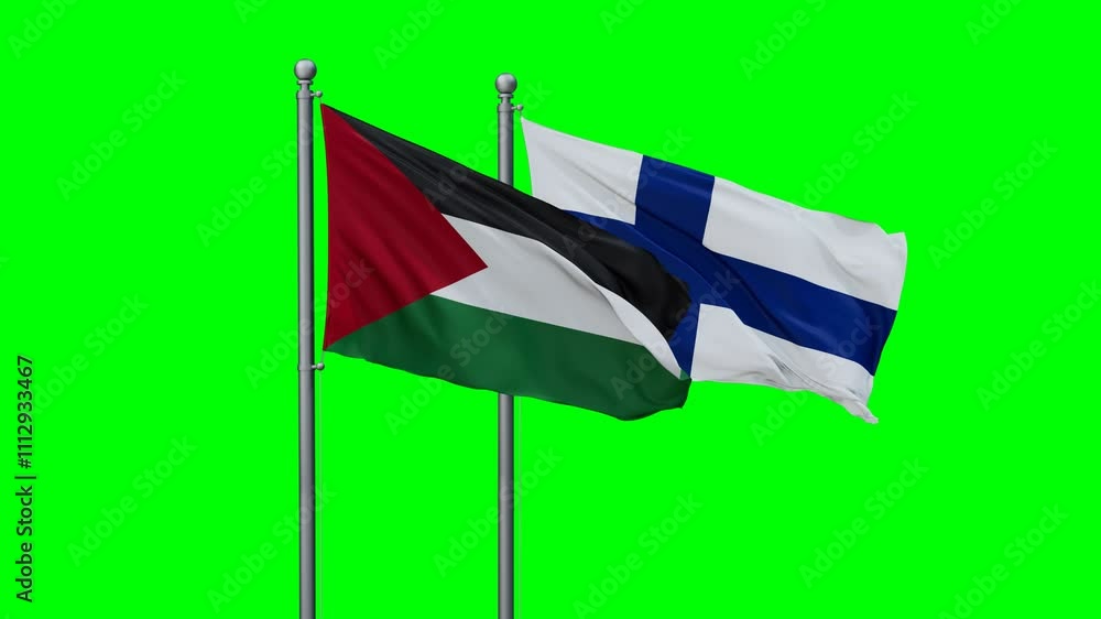 Finland and Palestine and Gaza Strip flags flying together, video concept of the relationship with colored chroma key for easy background remove Finland and Palestine and Gaza Strip flags flying together, video concept of the relationship with colored chroma key for easy background remove