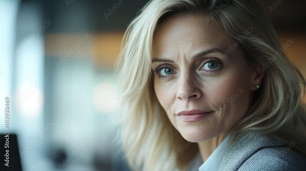 A confident businesswoman gazes thoughtfully while working in an office setting during the morning hours A confident businesswoman gazes thoughtfully while working in an office setting during the morning hours