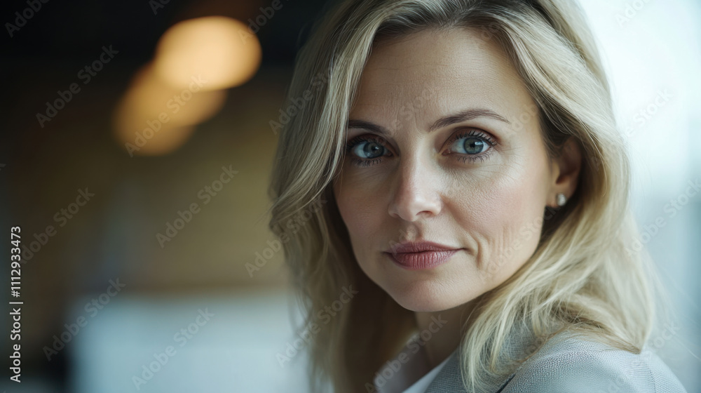 A confident businesswoman gazes thoughtfully while working in an office setting during the morning hours A confident businesswoman gazes thoughtfully while working in an office setting during the morning hours