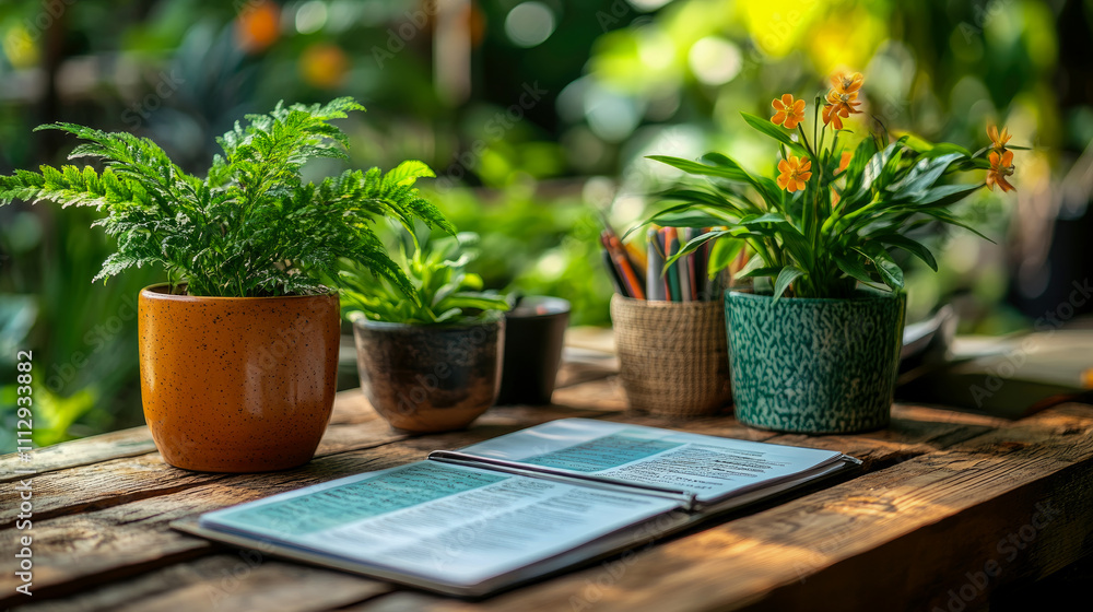 Fototapeta premium A workspace features various potted plants and a notebook resting on a wooden table surrounded by vibrant greenery under natural light