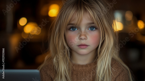 A young girl with long blonde hair and striking blue eyes gazes thoughtfully while seated near a laptop. Warm ambient light enhances the cozy atmosphere