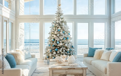 Coastal Christmas Living Room A beach-inspired living room with a Christmas tree