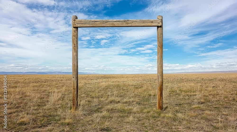 Rustic Wooden Frame in Vast Golden Prairie Landscape Under Blue Sky Rustic Wooden Frame in Vast Golden Prairie Landscape Under Blue Sky