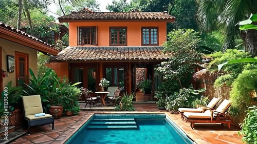 Wallpaper Mural A charming tropical house surrounded by lush greenery features a private pool. Concept of luxury and relaxation in a serene, nature-filled retreat. Torontodigital.ca