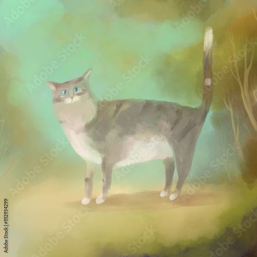 Serene gray cat standing in green meadow