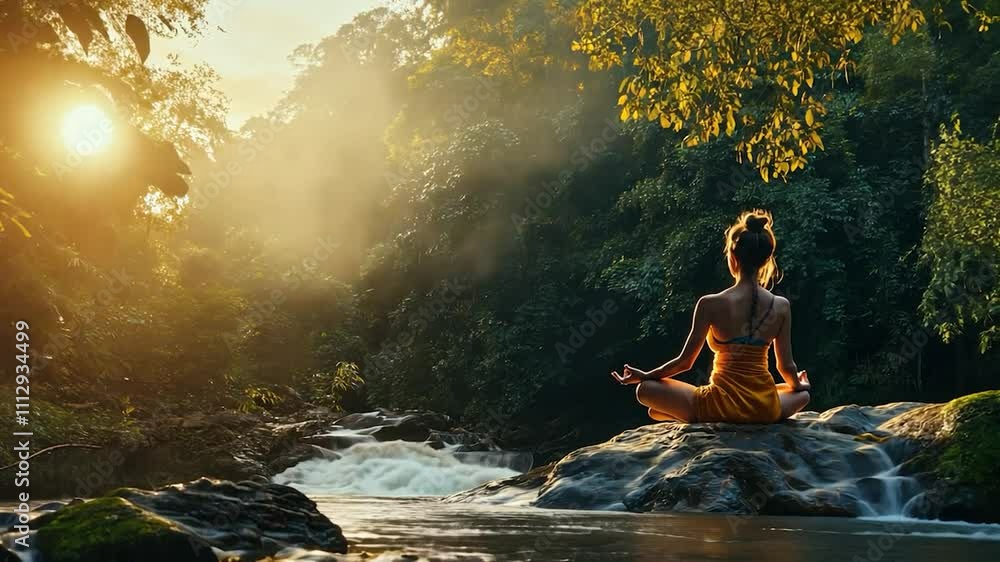 Silhouette of a woman practicing yoga and meditation in the peaceful forest at sunset with a focus on relaxation, energy, and spiritual calm Silhouette of a woman practicing yoga and meditation in the peaceful forest at sunset with a focus on relaxation, energy, and spiritual calm